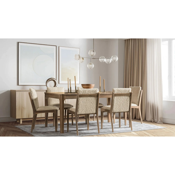 solid wood maple dining table with upholstered dining chairs lifestyle