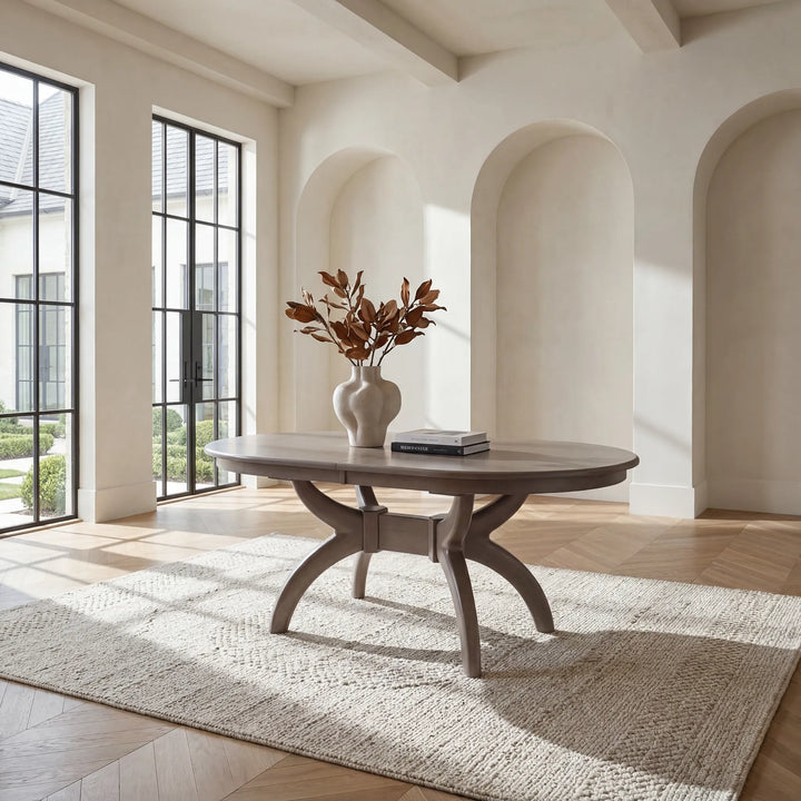 A round gray wood dining table with a sculptural curved pedestal base, styled with a ceramic vase and books on a textured beige rug in a bright, modern room with arched walls and large windows.