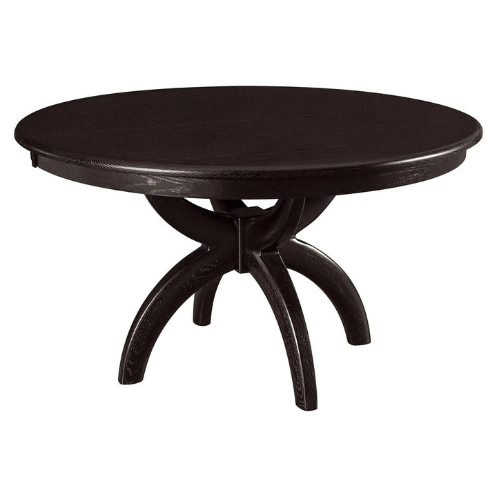 A round dining table with a dark brown wood-grain finish, featuring a five-legged pedestal base, shown against a plain white background.