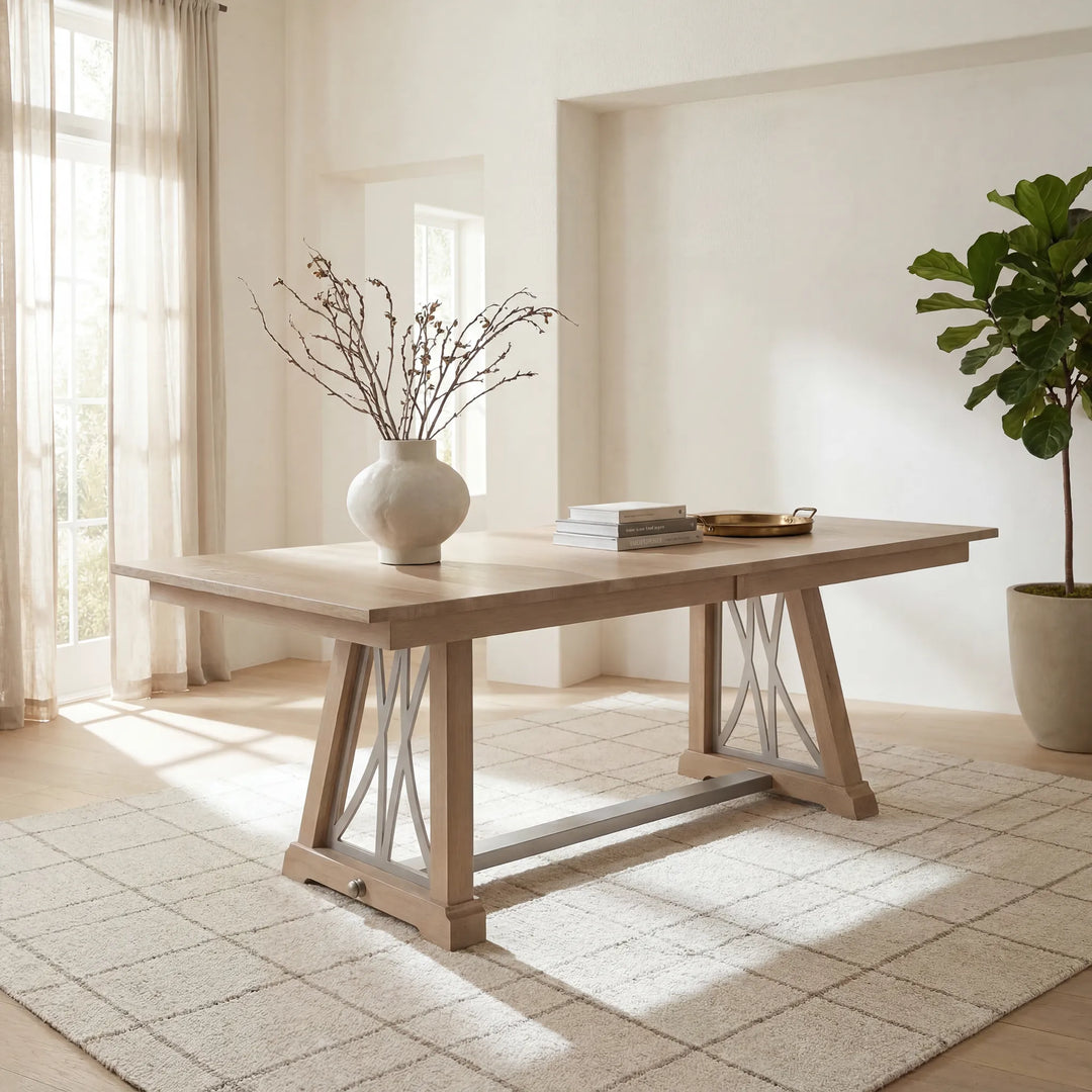 A brightly lit room with rays of sun shining on a light table that has books and plants on top of it. 