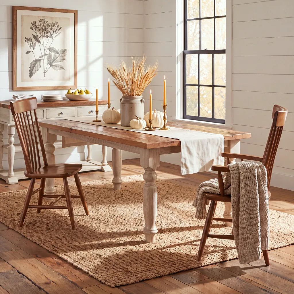 A rustic farmhouse dining room scene featuring a rectangular wooden table with turned legs, styled with a white runner, pumpkins, candles, and dried grasses. Two wooden chairs are positioned around the table on a woven jute rug, with a window and white shiplap walls in the background.