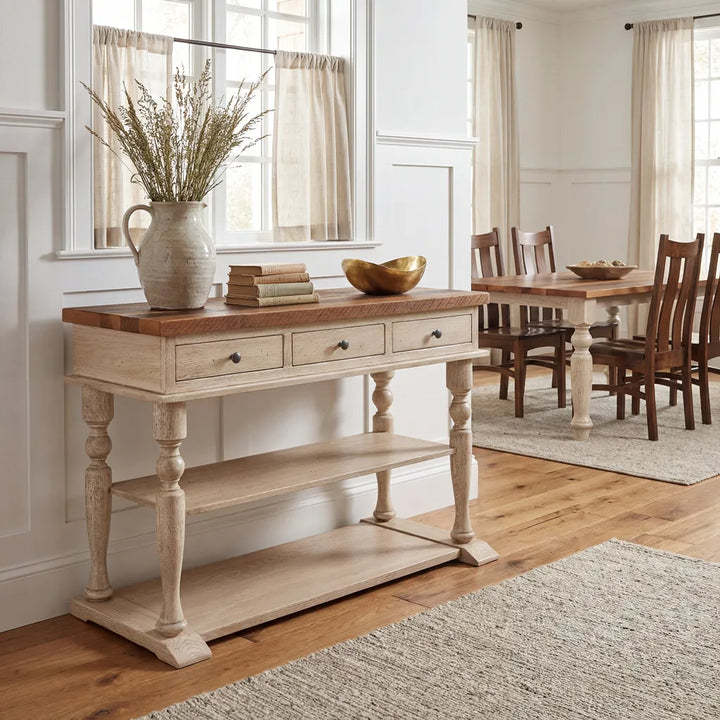 A distressed white console table with a brown wood top, styled with a ceramic vase of dried grass, books, and a gold bowl in a bright dining room.