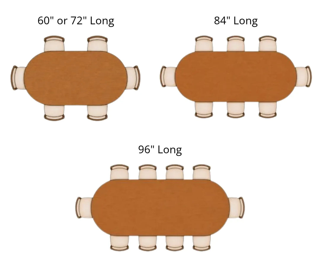 Image showing a variety of oval table diameters with seating capacities for the dining seating guide.