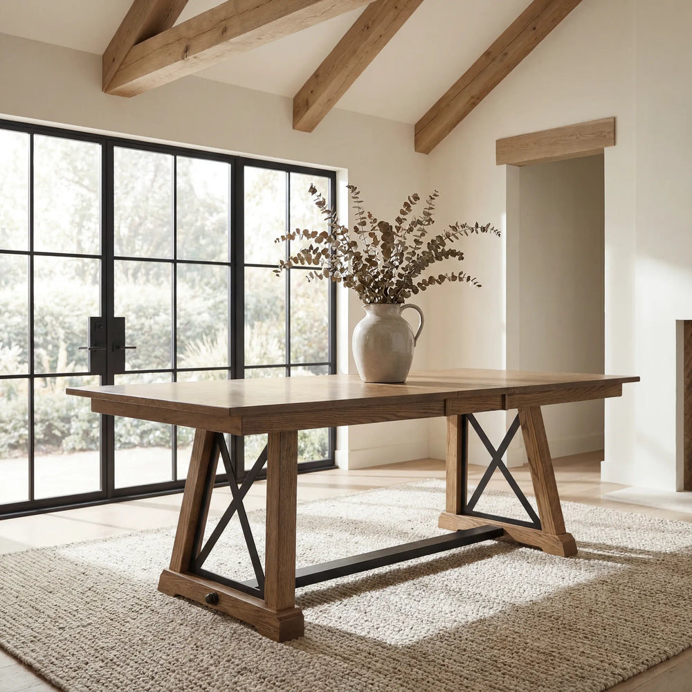 A rustic wooden dining table with A-frame trestle legs and a black metal stretcher bar, set on a woven rug in a bright room with large black-framed windows and a vase of branches on top.
