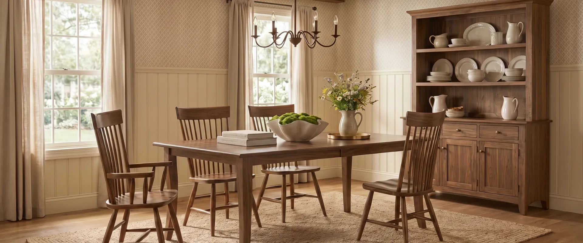 A warm, rustic dining room scene featuring a medium brown walnut wooden dining table with four matching spindle-back chairs, a tall wooden hutch filled with white dishes, and a chandelier overhead.