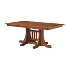 Amish solid wood quarter sawn white oak trestle dining table with a white background