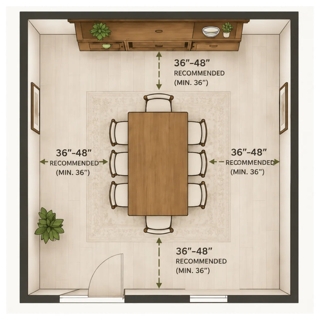 Dining room image showing recommended spacing for dining room seating.