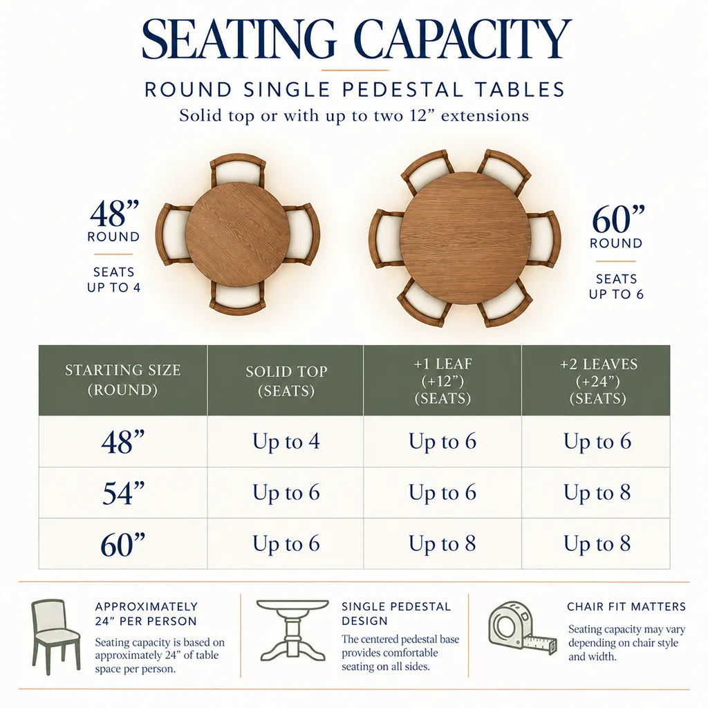 Round single pedestal dining table seating capacity guide showing 48", 54", and 60" tables with seating for 4–8 people, including options for up to two 12" extension leaves.
