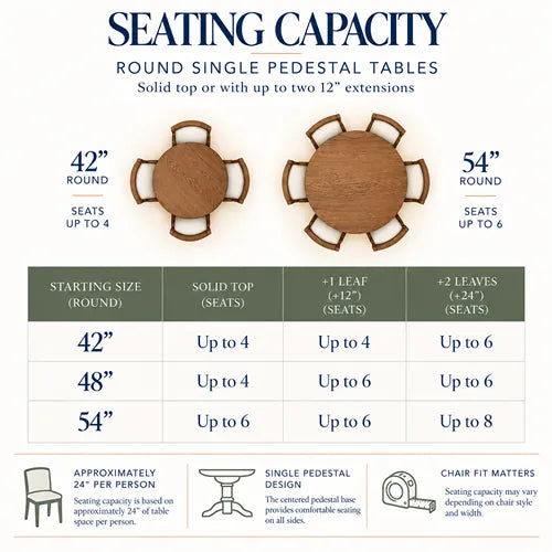 Round single pedestal dining table seating capacity guide showing 42", 48", and 54" tables with seating for 4–8 people, including options for up to two 12" extension leaves.