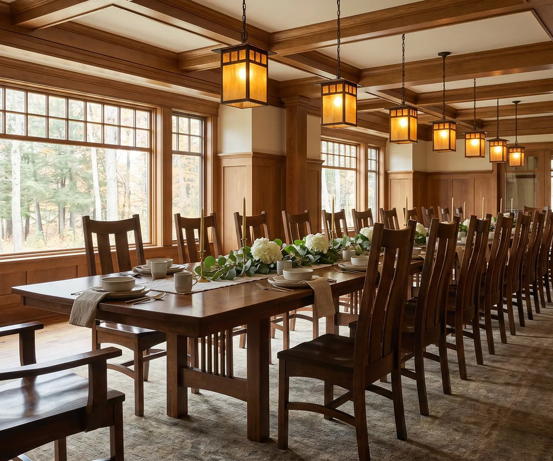 Large dining table and chairs fill a mission styled room with amber color pendant lights, set for an elegant dinner party.
