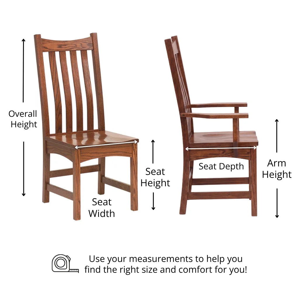 A wooden dining chair shown from two angles on a white background, with measurement arrows labeling overall height, seat height, seat depth, arm height, and seat width. Text at the bottom says to use measurements to help find the right size and comfort for you.