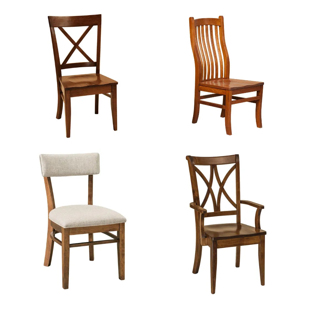 Four wooden dining chairs shown on a plain white background: two with slatted backs and one armchair, plus two with light beige upholstered seats and backs.
