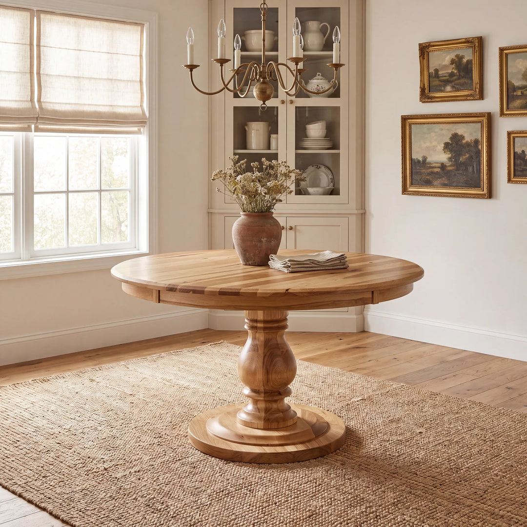 A round wooden pedestal dining table in a warm medium brown finish, styled in a bright, neutral-toned dining room with a woven rug, a chandelier, and wall art.