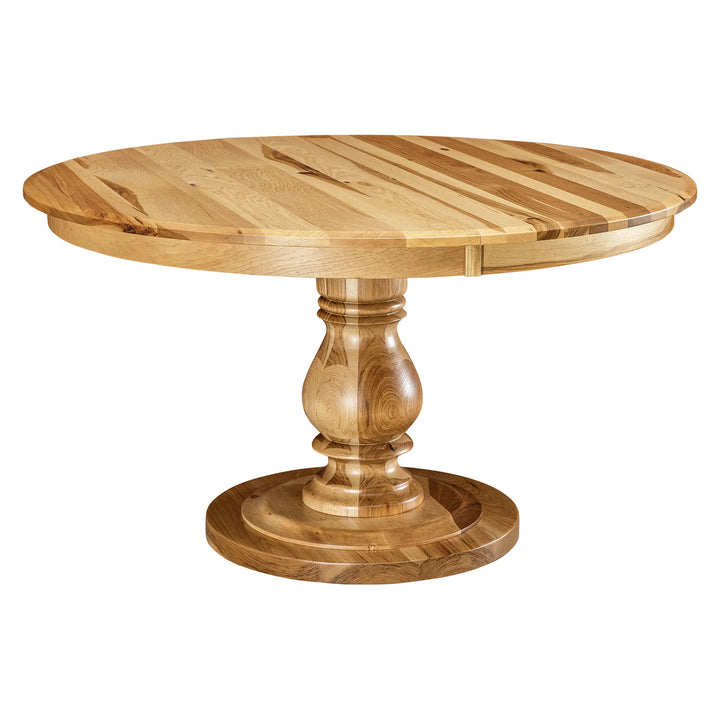 A round wooden dining table with a natural oak finish, featuring a multi-stripe tabletop and a turned pedestal base on a white background.