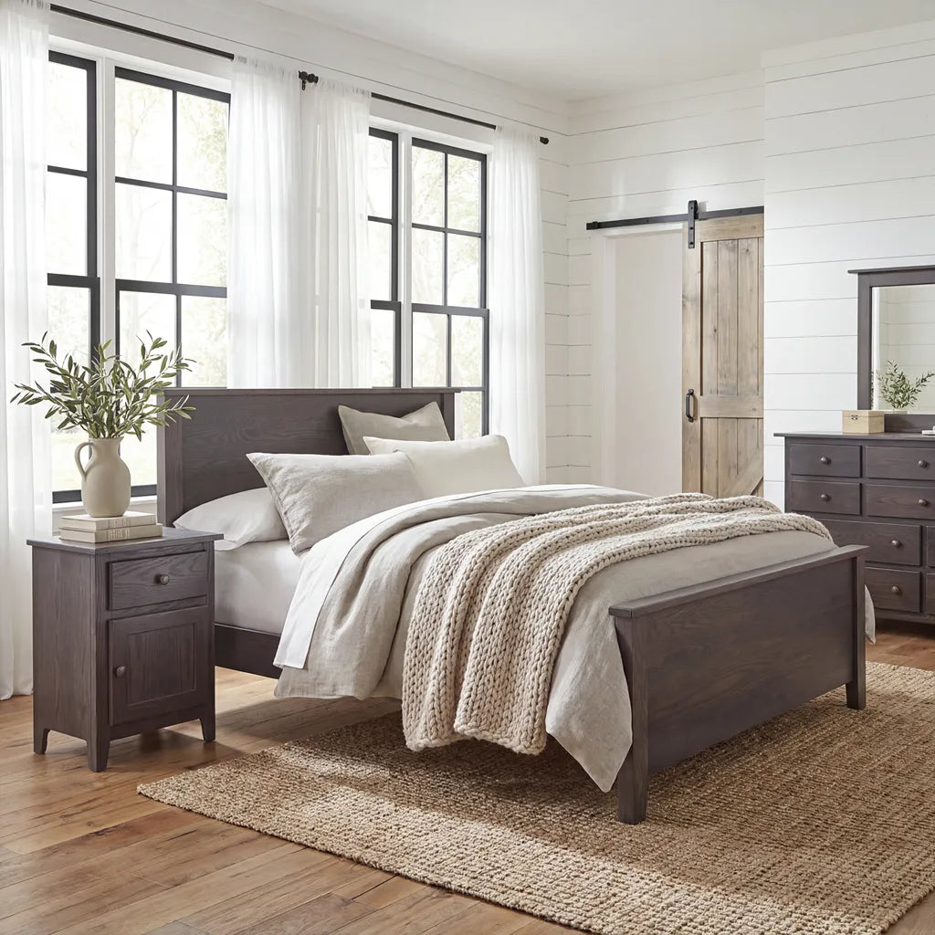 A rustic bedroom scene featuring a dark wood bed frame with white and beige bedding, a matching dark wood nightstand, a woven jute rug, and a barn-style sliding door in the background.