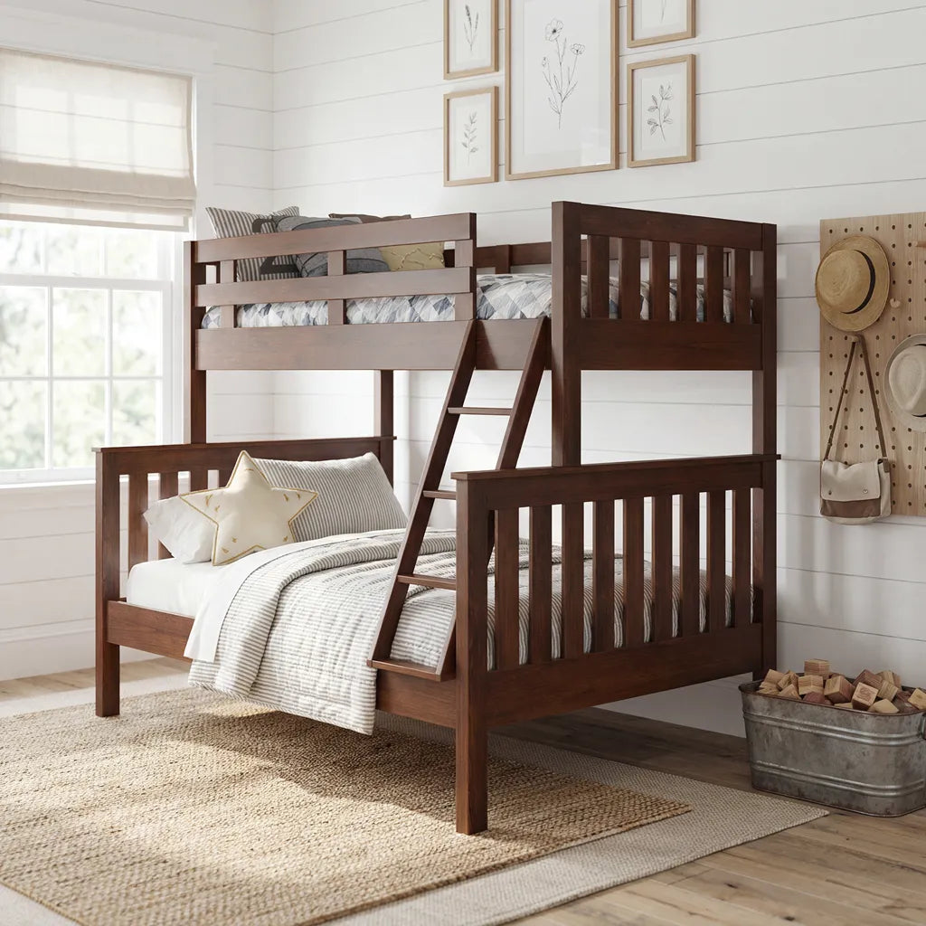 A dark brown wooden bunk bed with an attached ladder, styled with white and gray bedding in a bright, white-shiplap bedroom.