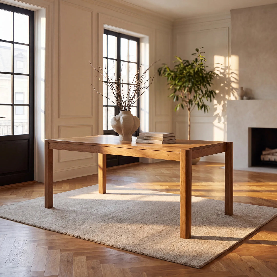 A rectangular wooden dining table with a warm medium-brown finish, styled in a bright, modern room with a light beige rug, a ceramic vase with branches, and books on top.