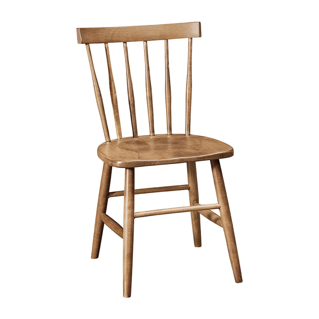 A wooden dining chair with a spindle backrest and a rounded seat, shown on a plain white background.