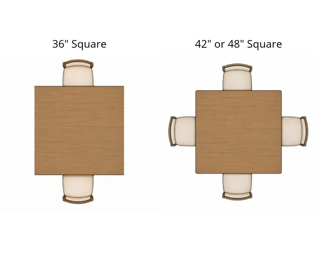 Image showing a variety of square table diameters with seating capacities for the dining seating guide.
