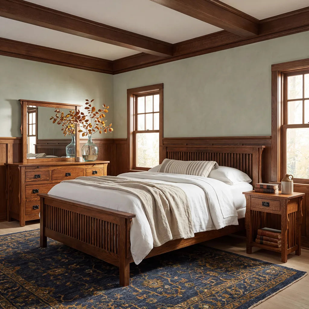 A warm wood bedroom furniture set including a bed frame, matching nightstand, dresser, and mirror, styled in a cozy room with a blue patterned rug, beige walls, and dark wood ceiling beams.