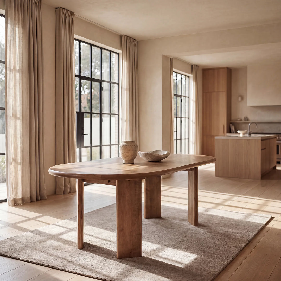 A light natural wood dining table with thick block legs, styled with ceramic vases and a bowl on a textured beige rug in a sunlit, modern minimalist dining room.
