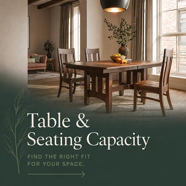 A wooden dining table with four matching chairs in a styled dining room, with overlaid text reading 'Table & Seating Capacity' and smaller copy below.