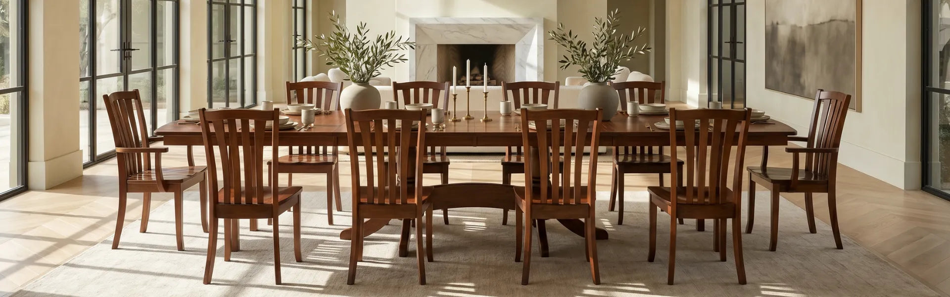 A 12-piece dark brown wooden dining room set, including a rectangular dining table and twelve matching high-back spindle chairs, arranged in a bright, modern dining room with large windows and a fireplace.