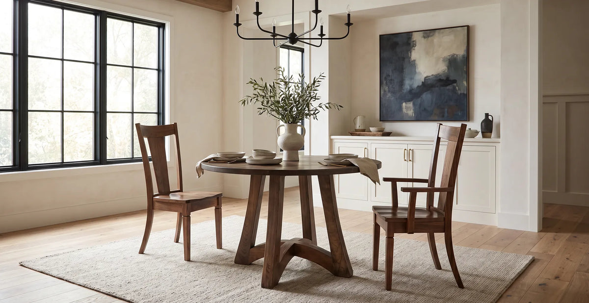 Tifton Solid Top Pedestal Dining Table in a warm wood finish, featuring a distinctive angled pedestal base, paired with Parkland dining chairs in a bright, modern farmhouse dining room.