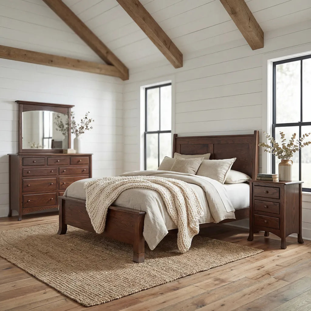 A rustic bedroom set featuring a dark brown wooden bed frame, matching nightstand, dresser with mirror, and a textured beige woven rug on a wood floor.