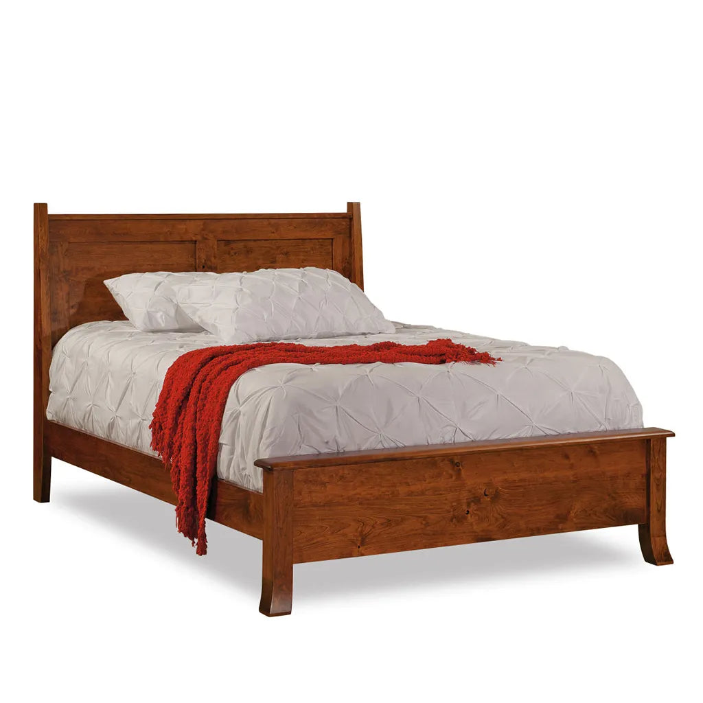 A medium brown wooden bed frame with a slatted headboard and footboard, styled with white textured bedding and a red throw blanket, shown on a white background.
