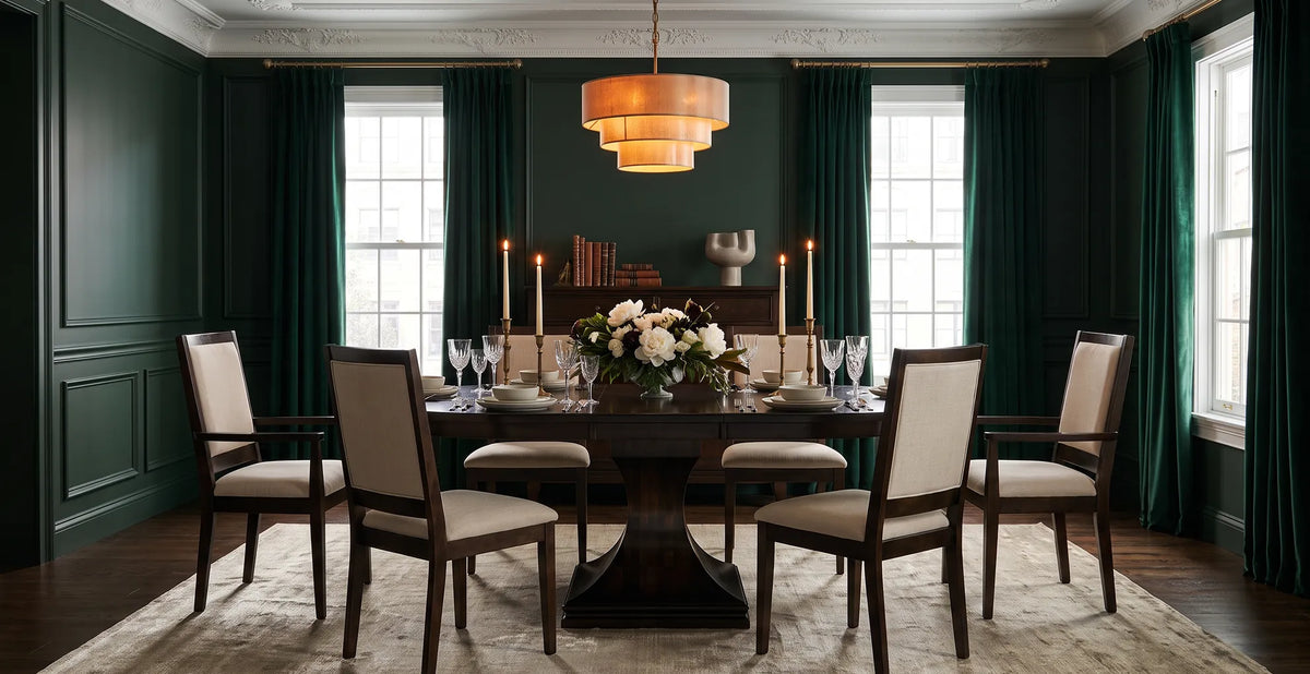 Amish Tables Westin Pedestal Dining Table in a dark wood finish, paired with Wescott upholstered chairs in an elegant dining room with deep green walls, candles, and floral centerpiece.
