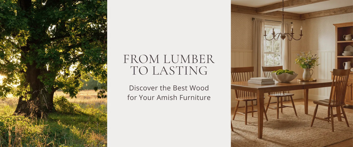 Amish Tables Wood Guide - From Lumber to Lasting - with images of trees and a dining room.