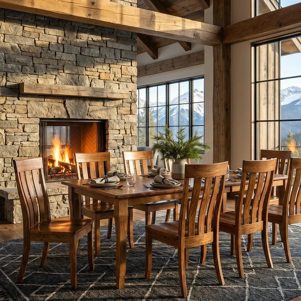 Handcrafted Hickory dining table and chairs showcasing bold grain and natural color variation in a mountain cabin with stone fireplace and sunny overlooking the mountains.
