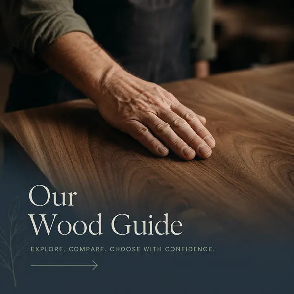 Hand resting on a wooden surface with text overlay 'Our Wood Guide' and branding elements.