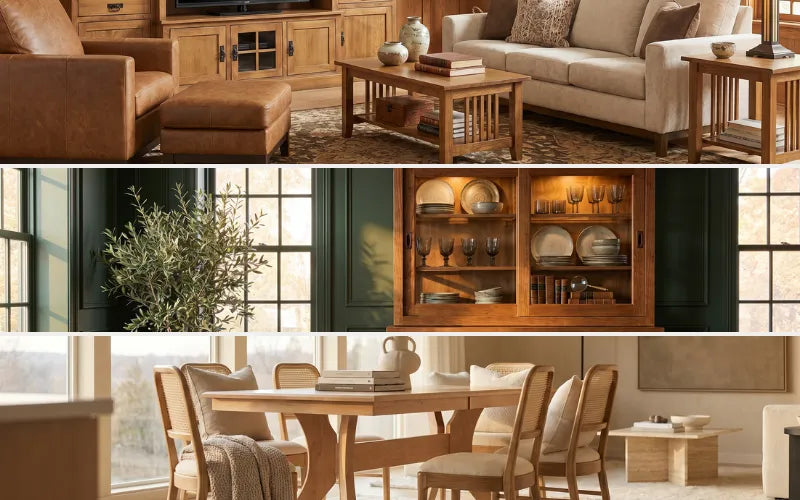 A three-panel collage showcasing warm wood furniture in a home setting: a living room with a brown leather armchair and ottoman, a dining room with a wooden dining table and chairs, and a wooden hutch filled with dishes.