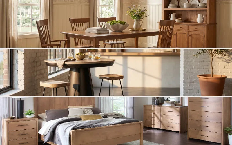 A triptych-style interior scene showing three coordinated rooms: a dining area with a wooden table and chairs, a bedroom with a light wood bed and dresser, and a kitchen with a round dark table and stools.