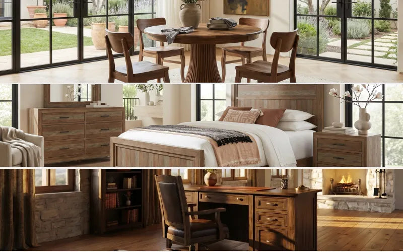 A three-panel collage showcasing a rustic medium-brown wood furniture collection. The top panel shows a round dining table with four matching chairs in a bright room with large black-framed windows.