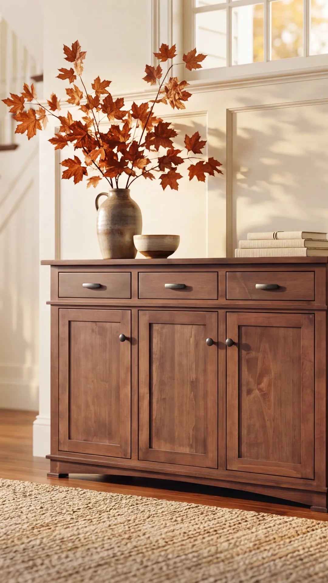 A warm brown wooden sideboard cabinet with three drawers and two cabinet doors, styled in a home entryway with a ceramic vase of orange autumn leaves on top.