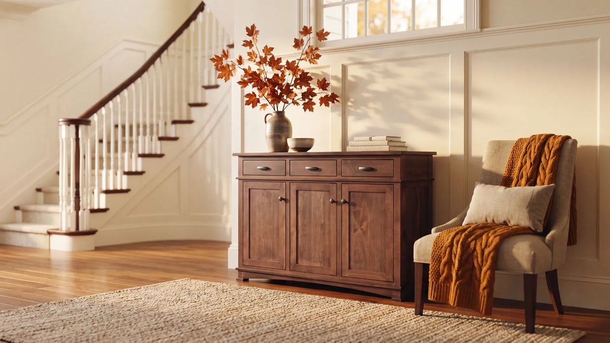 A warm brown wooden sideboard cabinet with three drawers and two cabinet doors, styled in a home entryway with a ceramic vase of orange autumn leaves on top. Cozy side chair with chunky throw blanket and welcoming staircase.