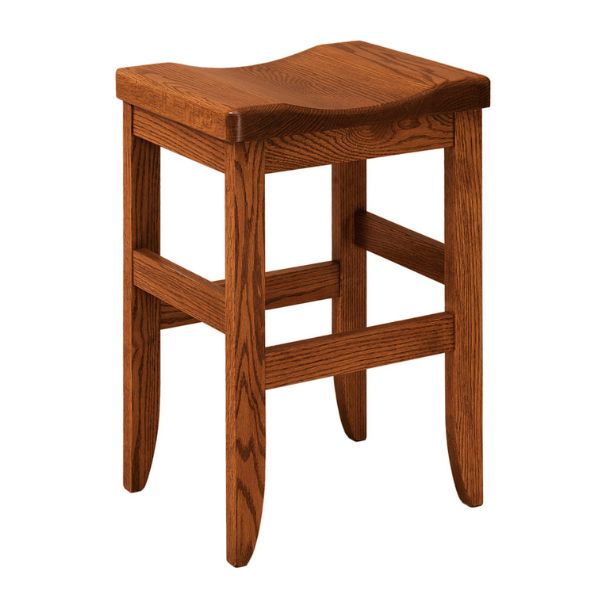A stationary bar stool made of red oak with a flat, rectangular seat and a smooth finish. Shown in a natural, unstained state.