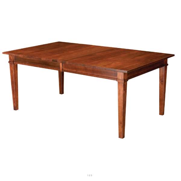 A rectangular, brown wooden dining table with visible wood grain, set on a plain background.