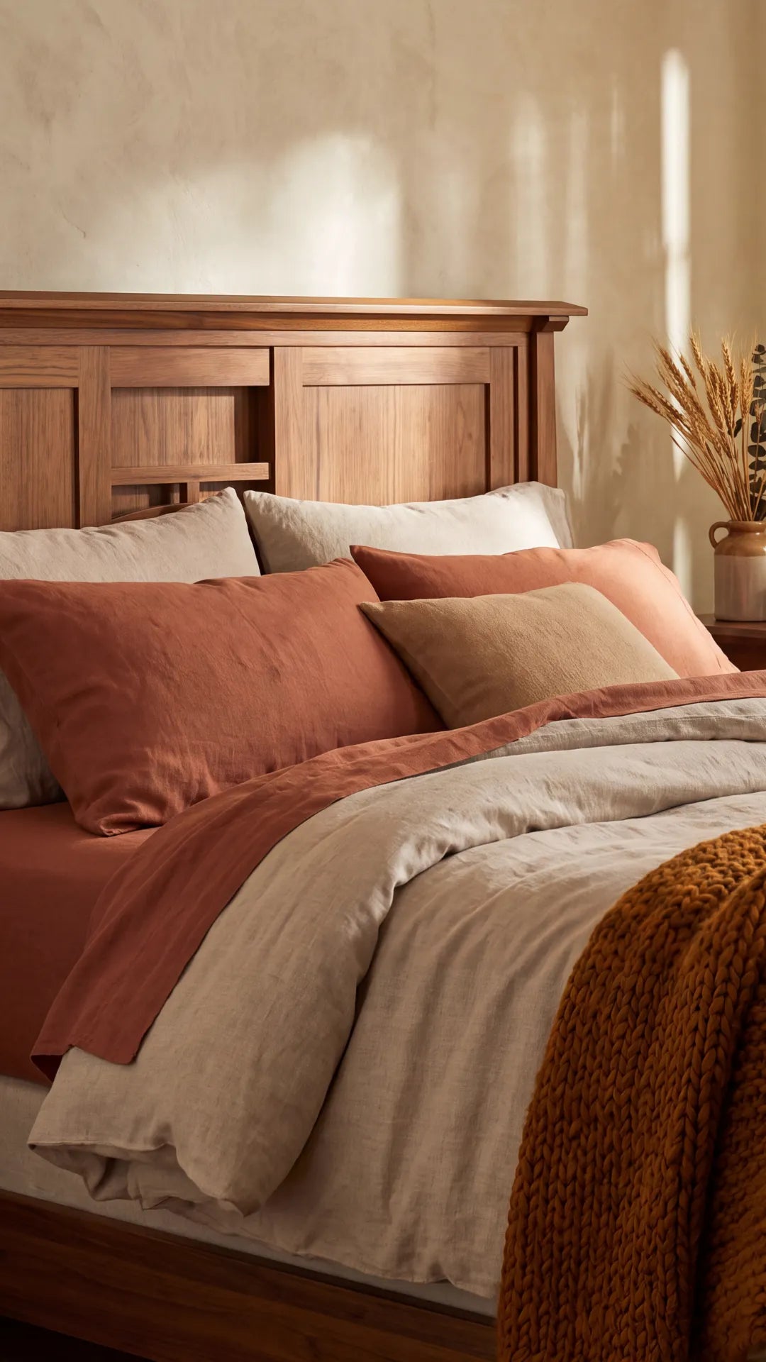 A styled bed with a wooden headboard, featuring rust orange and beige linen bedding, matching pillows, and a chunky orange knit throw blanket in a warm, sunlit bedroom.