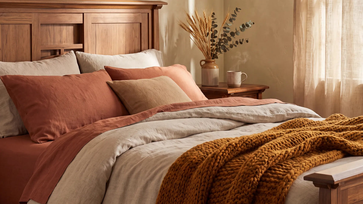 A cozy bedroom scene with a bed dressed in rust, blush, and beige linens, a chunky mustard throw blanket, a wooden headboard and nightstand, and soft warm light from a window with sheer curtains.