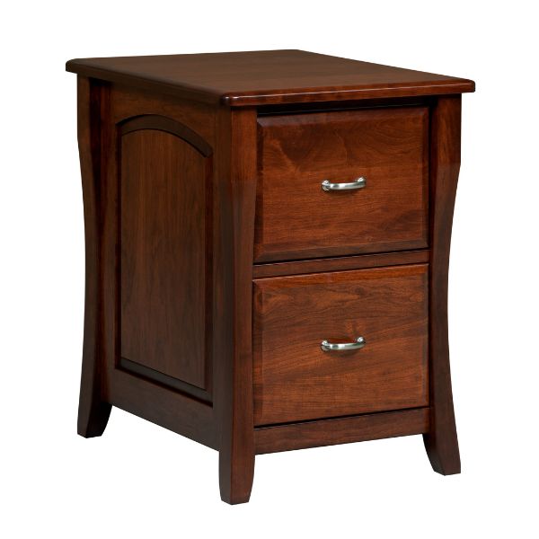 A brown wooden file cabinet with curved legs and a raised panel door.