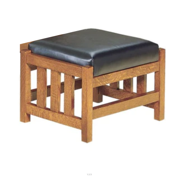 A Bow Arm Morris Ottoman with a solid wood frame and a dark upholstered cushion.