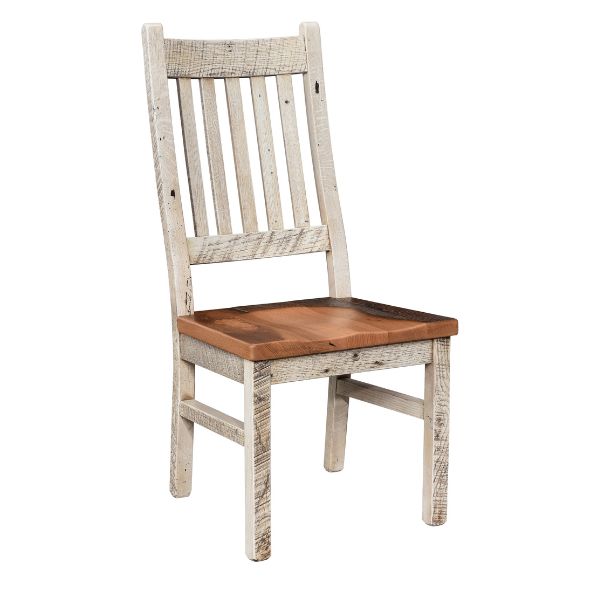 Wooden chair with a white frame and brown seat on a white background