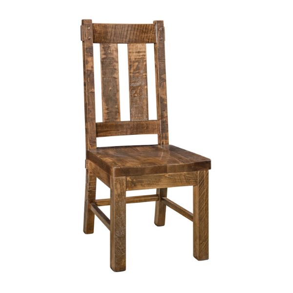 A rustic brown wooden dining chair with a slatted back and a solid seat, pictured against a white background.