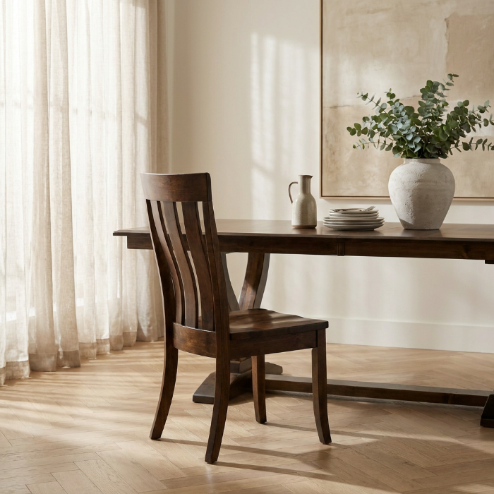 A dark brown wooden dining chair positioned next to a matching wooden dining table in a bright, sunlit room with sheer curtains, a ceramic pitcher, and a vase with greenery.