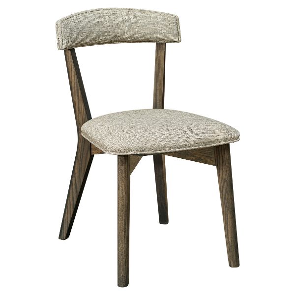 A modern style side chair with gray upholstered seat and backrest, and a wooden frame with a gray flannel stain.