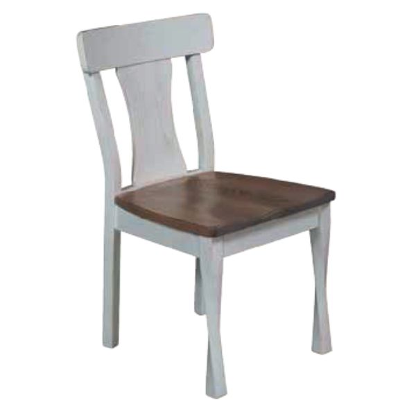 A side chair with a wooden seat and a combination of light gray and dark brown finishes on the backrest and legs.